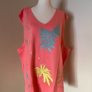 MAGGIE SWEET New 100% Cotton Embroidered Coral Palm Trees Knit Tank, Size 4X